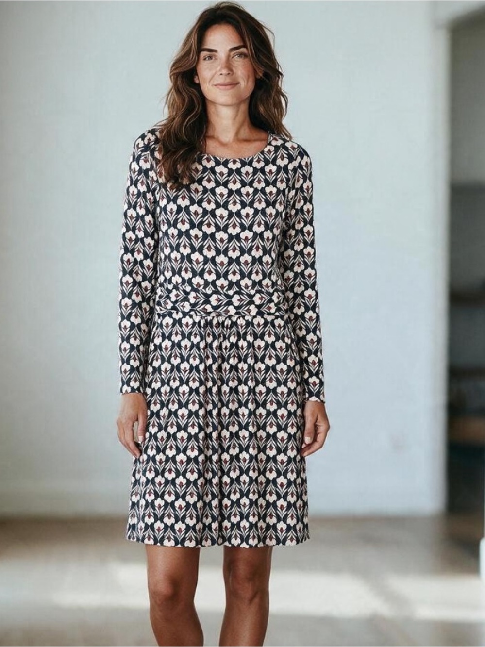 Boden Navy, White & Red Long Sleeve Patterned Midi Dress